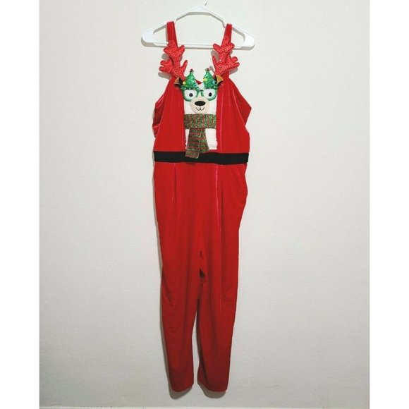 Born Famous Ugly Holiday Llama Velour Sleeveless Graphic Jumpsuit Size L Red - Picture 1 of 6